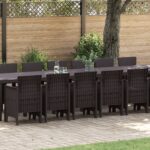 Záhradný jedálenský set vidaXL s vankúšmi hnedý polyratan, Záhradný stôl vidaXL hnedý 250x100x73 cm polyratan, Záhradný stôl vidaXL hnedý 150x100x73 cm polyratan, Záhradné stoličky vidaXL s vankúšmi 4 ks hnedý polyratan