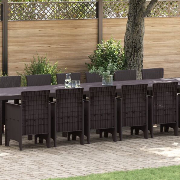 3378658_1.jpg Záhradný jedálenský set vidaXL s vankúšmi hnedý polyratan, Záhradný stôl vidaXL hnedý 250x100x73 cm polyratan, Záhradný stôl vidaXL hnedý 150x100x73 cm polyratan, Záhradné stoličky vidaXL s vankúšmi 4 ks hnedý polyratan – Obrázok 1