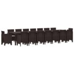 Záhradný jedálenský set vidaXL s vankúšmi hnedý polyratan, Záhradný stôl vidaXL hnedý 250x100x73 cm polyratan, Záhradný stôl vidaXL hnedý 150x100x73 cm polyratan, Záhradné stoličky vidaXL s vankúšmi 4 ks hnedý polyratan – Obrázok 2