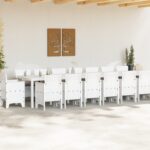 vidaXL 17-dielna záhradná jedálenská súprava s vankúšmi Biela Polyratan, vidaXL Záhradný stôl biely 250x100x73 cm Polyratan, vidaXL Záhradný stôl biely 150x100x73 cm Polyratan, vidaXL Záhradné stoličky s vankúšmi 4 ks Biela Polyratan – Obrázok 3