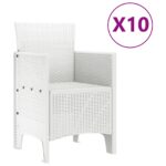 vidaXL 11-dielny záhradný jedálenský set biely poly ratan, vidaXL záhradný stôl biely 150x100x73 cm poly ratan, vidaXL záhradné stoličky 2 ks biele poly ratan, vidaXL záhradné stoličky 4 ks biele poly ratan – Obrázok 5