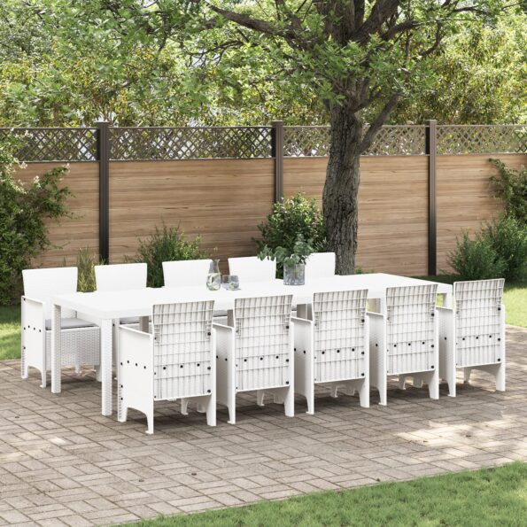 3378764_1.jpg vidaXL 11-dielny záhradný jedálenský set s vankúšmi biela poly ratan, vidaXL záhradný stôl biely 150x100x73 cm poly ratan, vidaXL záhradné stoličky s vankúšmi 2 ks biele poly ratan, vidaXL záhradné stoličky s vankúšmi 4 ks biele poly ratan – Obrázok 1