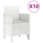 vidaXL 11-dielny záhradný jedálenský set s vankúšmi biela poly ratan, vidaXL záhradný stôl biely 150x100x73 cm poly ratan, vidaXL záhradné stoličky s vankúšmi 2 ks biele poly ratan, vidaXL záhradné stoličky s vankúšmi 4 ks biele poly ratan – Obrázok 5