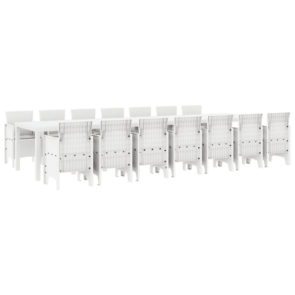 3378804_2.jpg vidaXL 15-dielny biely záhradný jedálenský set s vankúšmi, vidaXL biely záhradný stôl 250x100x73 cm, vidaXL biely záhradný stôl 150x100x73 cm, vitaXL záhradné stoličky s vankúšmi 2 ks, vidaXL záhradné stoličky s vankúšmi 4 ks – Obrázok 2