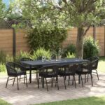 vidaXL 10-dielny záhradný jedálenský set s vankúšmi čierny poly rattan, vidaXL rozťahovací záhradný stôl antracitový (140-210)x90x73 cm oceľ