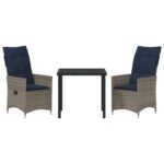 vidaXL 3-dielny záhradný jedálenský set s vankúšmi Šedý poly ratan, vidaXL Záhradný stôl Čierna 80x80x73 cm Temperované sklo – Obrázok 7