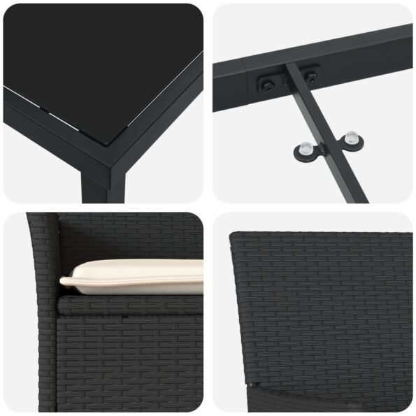 3379765_9.jpg 3-dielna záhradná jedálenská súprava s vankúšmi čierny poly ratan, Záhradný stôl čierny 80x80x73 cm tvrdené sklo – Obrázok 9