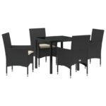 vidaXL 5-dielny záhradný jedálenský set s vankúšmi, čierny poly ratan, vidaXL záhradný stôl čierny, 80x80x73 cm, tvrdené sklo – Obrázok 2