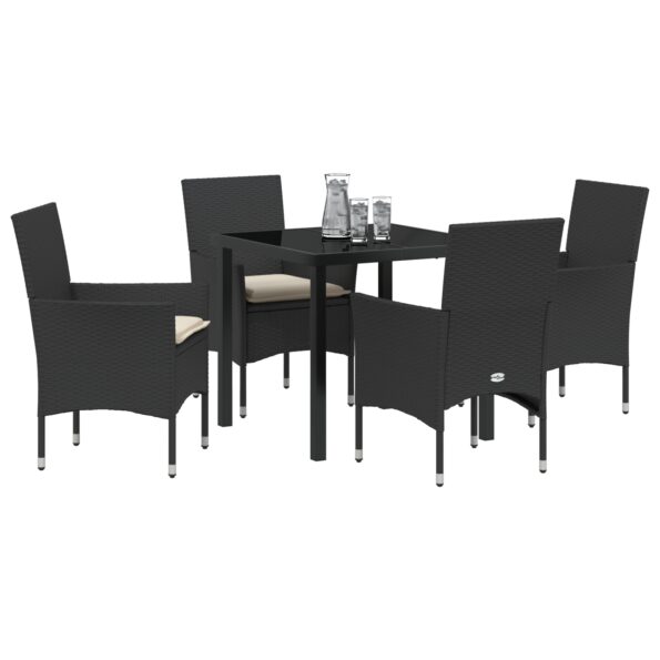 3379766_3.jpg vidaXL 5-dielny záhradný jedálenský set s vankúšmi, čierny poly ratan, vidaXL záhradný stôl čierny, 80x80x73 cm, tvrdené sklo – Obrázok 3