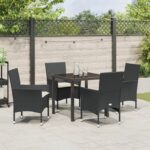 vidaXL 5-dielny záhradný jedálenský set s vankúšmi, čierny poly ratan, vidaXL záhradný stôl čierny, 80x80x73 cm, tvrdené sklo – Obrázok 4