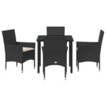 vidaXL 5-dielny záhradný jedálenský set s vankúšmi, čierny poly ratan, vidaXL záhradný stôl čierny, 80x80x73 cm, tvrdené sklo – Obrázok 7