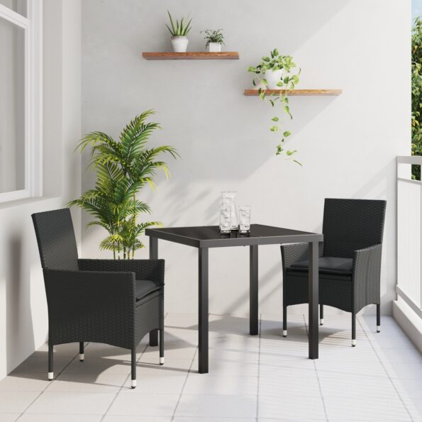3379772_1.jpg vidaXL 3-dielna záhradná jedálenská súprava s vankúšmi Čierny poly ratan, vidaXL záhradný stôl Čierny 80x80x73 cm Tempered Glass – Obrázok 1