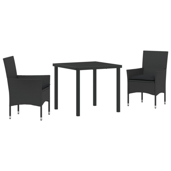 3379772_2.jpg vidaXL 3-dielna záhradná jedálenská súprava s vankúšmi Čierny poly ratan, vidaXL záhradný stôl Čierny 80x80x73 cm Tempered Glass – Obrázok 2