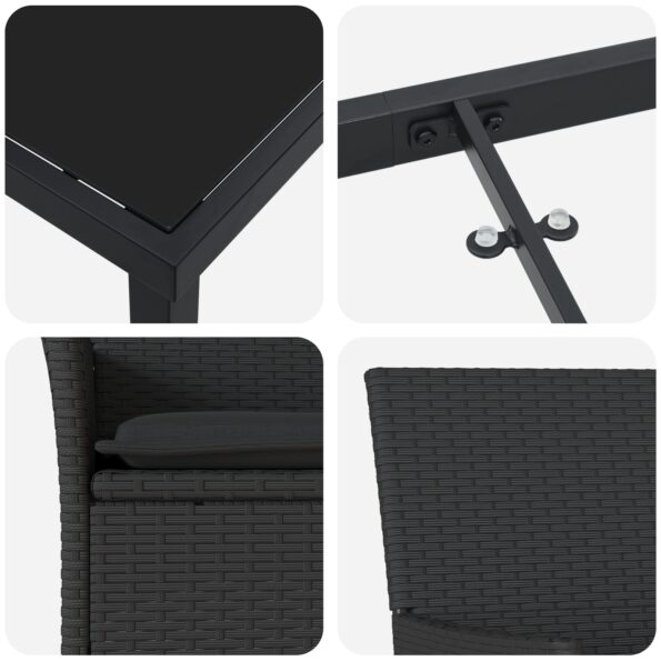 vidaXL 5-dielny záhradný jedálenský set s vankúšmi čierny poly ratan, vidaXL záhradný stôl čierny 80x80x73 cm z tvrdeného skla – Obrázok 9