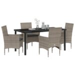 vidaXL 5-dielny záhradný jedálenský set s vankúšmi sivý poly ratan, vidaXL Záhradný stôl čierny 160x80x73 cm tvrdené sklo – Obrázok 3