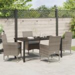 vidaXL 5-dielny záhradný jedálenský set s vankúšmi sivý poly ratan, vidaXL Záhradný stôl čierny 160x80x73 cm tvrdené sklo – Obrázok 4