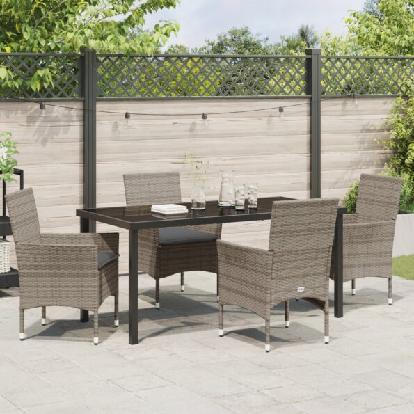 3379789_4.jpg vidaXL 5-dielny záhradný jedálenský set s vankúšmi sivý poly ratan, vidaXL Záhradný stôl čierny 160x80x73 cm tvrdené sklo – Obrázok 4