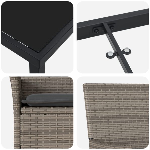 3379789_9.jpg vidaXL 5-dielny záhradný jedálenský set s vankúšmi sivý poly ratan, vidaXL Záhradný stôl čierny 160x80x73 cm tvrdené sklo – Obrázok 9