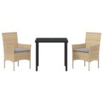 vidaXL 3-dielny záhradný set s vankúšmi béžový poly ratan, vidaXL Záhradný stôl čierny 80x80x73 cm z temperovaného skla – Obrázok 7