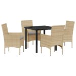 vidaXL Záhradný jedálenský set 5 kusov s vankúšmi Béžový poly ratan, vidaXL Záhradný stôl Čierny 80x80x73 cm Chránené sklo – Obrázok 2