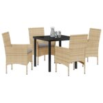 vidaXL Záhradný jedálenský set 5 kusov s vankúšmi Béžový poly ratan, vidaXL Záhradný stôl Čierny 80x80x73 cm Chránené sklo – Obrázok 3