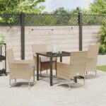 vidaXL Záhradný jedálenský set 5 kusov s vankúšmi Béžový poly ratan, vidaXL Záhradný stôl Čierny 80x80x73 cm Chránené sklo – Obrázok 4