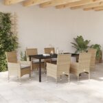 vidaXL 7-dielna záhradná súprava na stolovanie s vankúšmi Béžový poly ratan, vidaXL Záhradný stôl čierny 160x80x73 cm kalené sklo – Obrázok 4