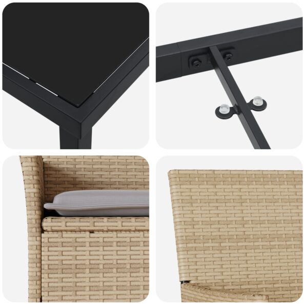vidaXL 7-dielna záhradná súprava na stolovanie s vankúšmi Béžový poly ratan, vidaXL Záhradný stôl čierny 160x80x73 cm kalené sklo – Obrázok 9