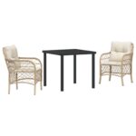 vidaXL 3-dielny záhradný jedálenský set s vankúšmi béžový poly ratan – Obrázok 2