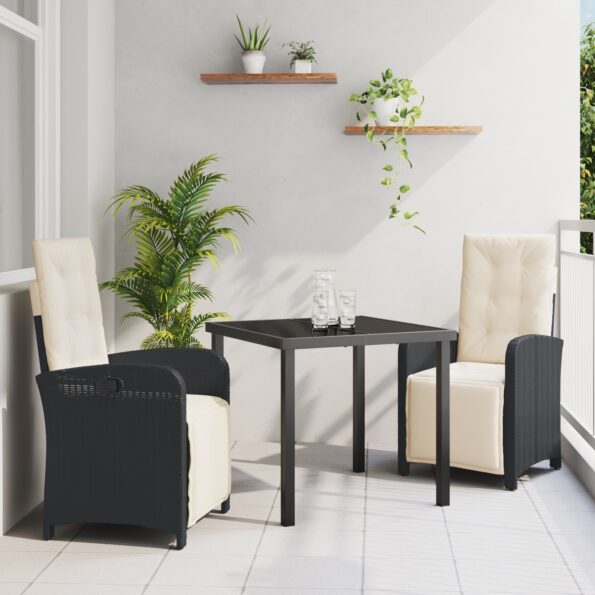 3380302_1.jpg vidaXL 3-dielny záhradný jedálenský set s vankúšmi Čierny poly ratan, vidaXL záhradný stôl Čierny 80x80x73 cm tvrdené sklo – Obrázok 1