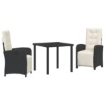 vidaXL 3-dielny záhradný jedálenský set s vankúšmi Čierny poly ratan, vidaXL záhradný stôl Čierny 80x80x73 cm tvrdené sklo – Obrázok 2