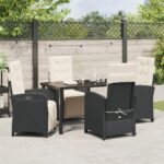 vidaXL 5-dielny záhradný jedálenský set s vankúšmi čierny poly ratan, vidaXL záhradný stôl čierny 140x80x73 cm s temperovaným sklom – Obrázok 4