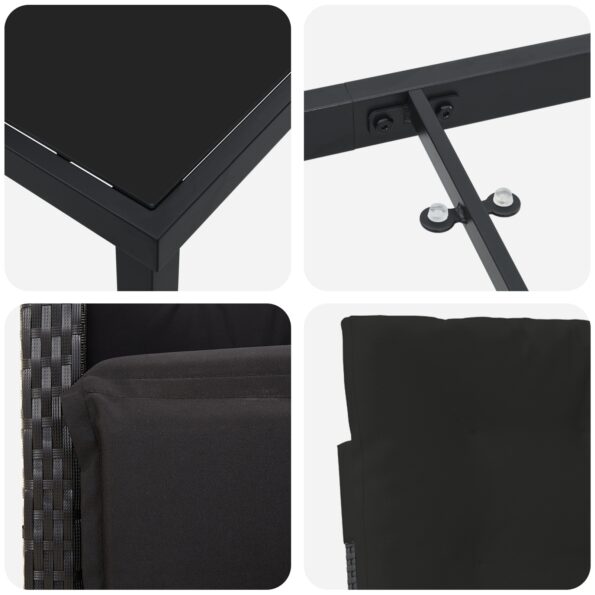 vidaXL 3-dielny záhradný jedálenský set s vankúšmi Čierny polyratan, vidaXL záhradný stôl Čierny 80x80x73 cm tvrdené sklo – Obrázok 9