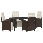 vidaXL 5-dielny záhradný jedálenský set s vankúšmi v hnedom poly ratane, vidaXL záhradný stôl čierny 160x80x73 cm z tvrdeného skla – Obrázok 2