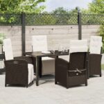vidaXL 5-dielny záhradný jedálenský set s vankúšmi v hnedom poly ratane, vidaXL záhradný stôl čierny 160x80x73 cm z tvrdeného skla – Obrázok 4