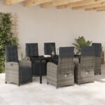 vidaXL 7-dielny záhradný jedálenský set so sivými vankúšmi z poly ratanu, vidaXL čierny záhradný stôl 160x80x73 cm z temperovaného skla – Obrázok 4