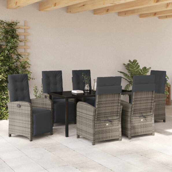 3380327_4.jpg vidaXL 7-dielny záhradný jedálenský set so sivými vankúšmi z poly ratanu, vidaXL čierny záhradný stôl 160x80x73 cm z temperovaného skla – Obrázok 4