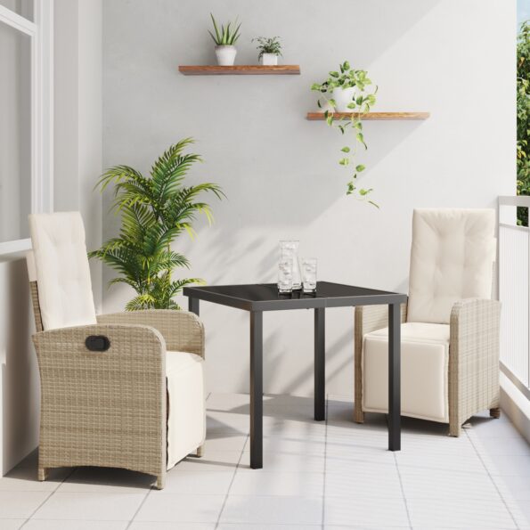 3380330_1.jpg vidaXL 3-dielny záhradný jedálenský set s vankúšmi béžový poly ratan, vidaXL záhradný stôl čierny 80x80x73 cm tvrdené sklo – Obrázok 1