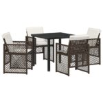 vidaXL 5-dielny záhradný jedálenský set s vankúšmi hnedý poly ratan, vidaXL záhradný stôl čierny 80x80x73 cm tvrdené sklo – Obrázok 2