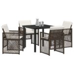 vidaXL 5-dielny záhradný jedálenský set s vankúšmi hnedý poly ratan, vidaXL záhradný stôl čierny 80x80x73 cm tvrdené sklo – Obrázok 3