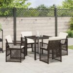 vidaXL 5-dielny záhradný jedálenský set s vankúšmi hnedý poly ratan, vidaXL záhradný stôl čierny 80x80x73 cm tvrdené sklo – Obrázok 4