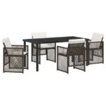 vidaXL 5-dielna sada záhradného jedálenského setu s vankúšmi Hnedá Poly Rattan, vidaXL Záhradný stôl Čierny 160x80x73 cm Temperované sklo – Obrázok 2