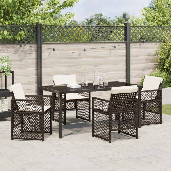 3380631_4.jpg vidaXL 5-dielna sada záhradného jedálenského setu s vankúšmi Hnedá Poly Rattan, vidaXL Záhradný stôl Čierny 160x80x73 cm Temperované sklo – Obrázok 4