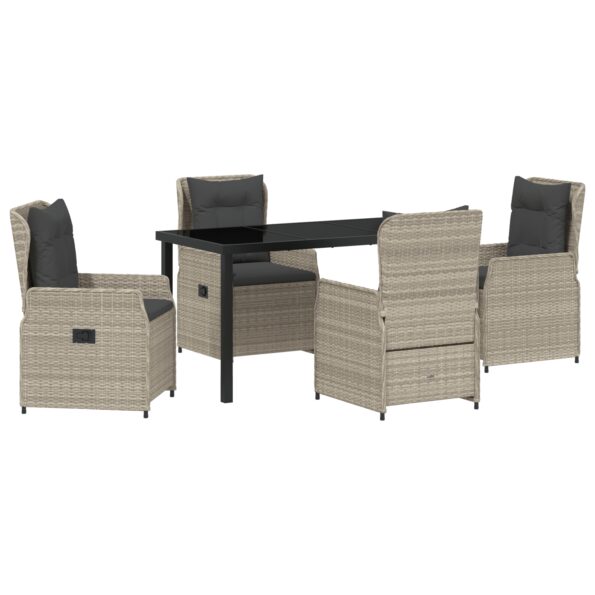 vidaXL 5-dielna záhradná súprava na stolovanie Svetlosivý poly ratan, vidaXL Záhradný stôl čierny 140x80x73 cm s temperovaným sklom – Obrázok 2