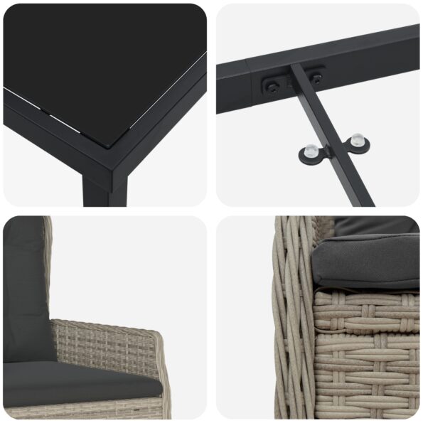 vidaXL 5-dielny záhradný jedálenský set svetlosivý poly ratan, vidaXL záhradný stôl čierny 160x80x73 cm tvrdené sklo – Obrázok 9