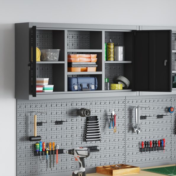 4103473_4.jpg vidaXL Nástrojový kabinet na stenu s pegboardom Čierna 100x20x55 cm Oceľ – Obrázok 4