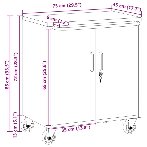 vidaXL Kôš na náradie s kolesami a zámkom čierny 75x45x85 cm oceľ – Obrázok 10
