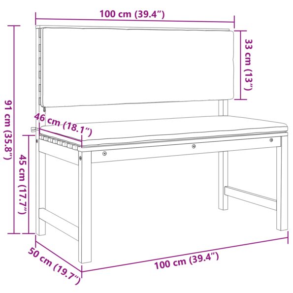 vidaXL Záhradná lavička s vankúšmi 100x50x91 cm z masívneho akáciového dreva – Obrázok 10