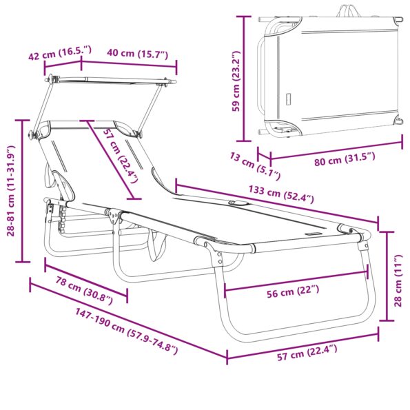 vidaXL Skladacie lehátka 2 ks s markízou Sivé 600D Oxfordská tkanina – Obrázok 12
