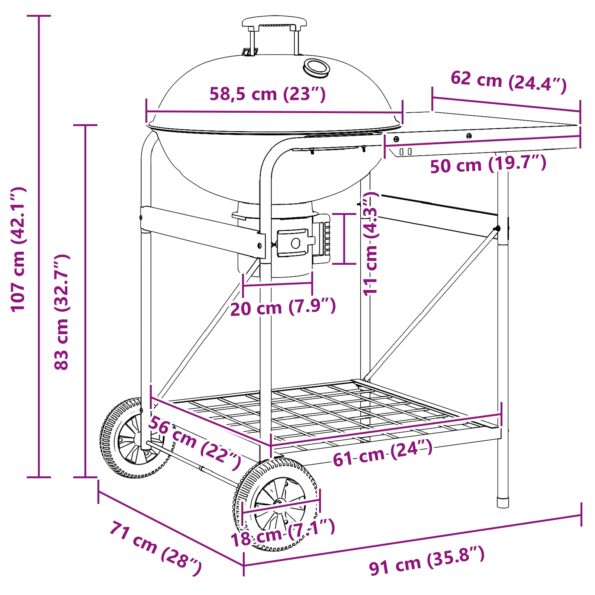 vidaXL Karbónový gril na vozíku s poklopom Čierny 96x72x113 cm Kov – Obrázok 10